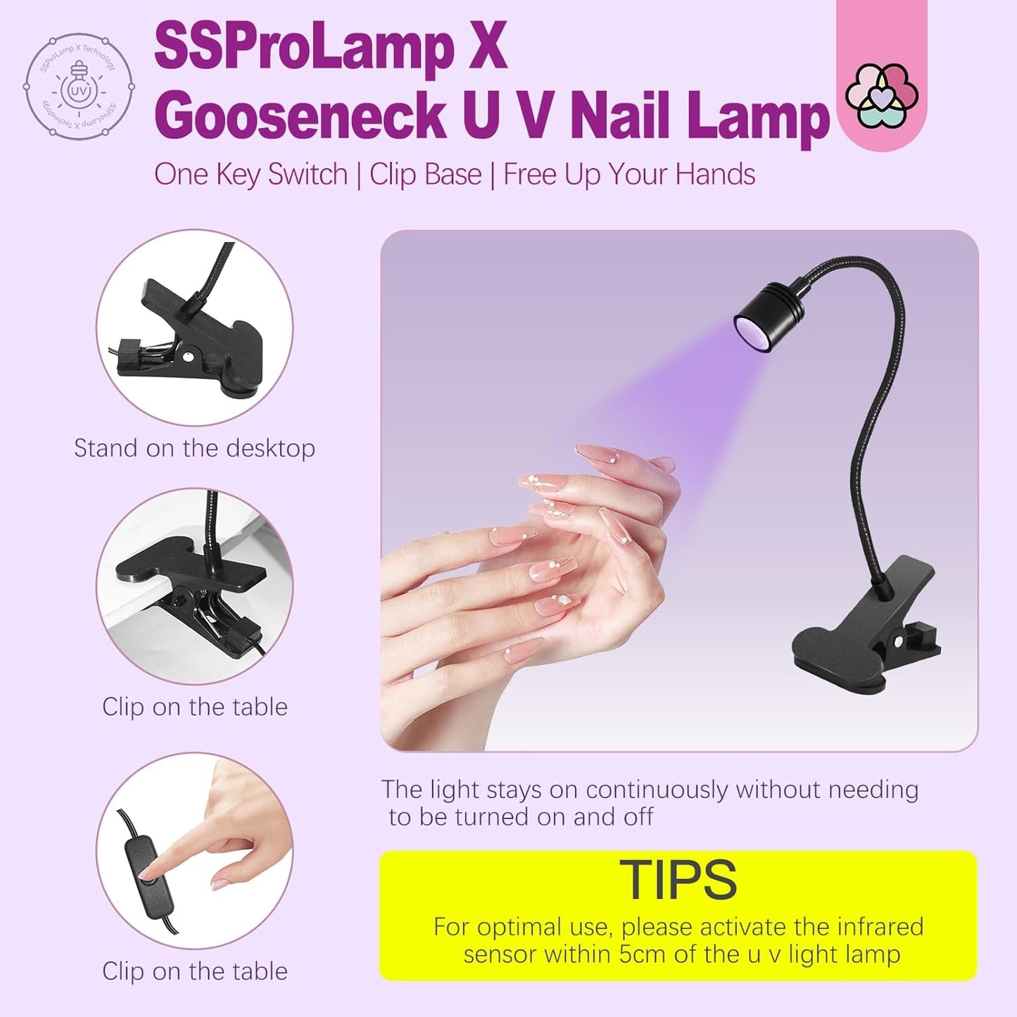 SAVILAND Gooseneck U V Lamp for Gel Nails: 360°Adjustable U V Light for Gel Nails 10S Fast Curing Nail Lamp Hands Free 5W LED Flash Cure Gel Light Gel Nail Portable Salon DIY Nail Tech Manicure