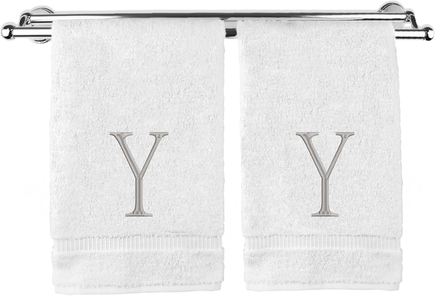 Monogrammed Hand Towel, Personalized Initial Gift, Extra Absorbent 100% Turkish Cotton - Soft Terry Finish - Set of 2 - Silver Block Initial Y - Embroidered on White Towels