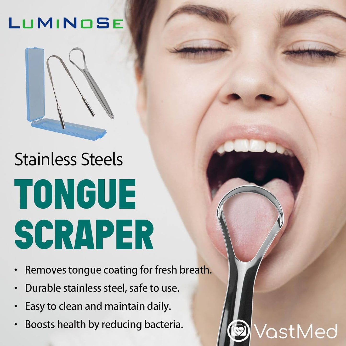 2 PCs Medical Grade Tongue Scraper by Vastmed | Stainless Steel Tongue Cleaner, Metal Tongue Scraper with Travel Bag | Tongue Scrubber for Bad Breath, Boost Oral Hygiene