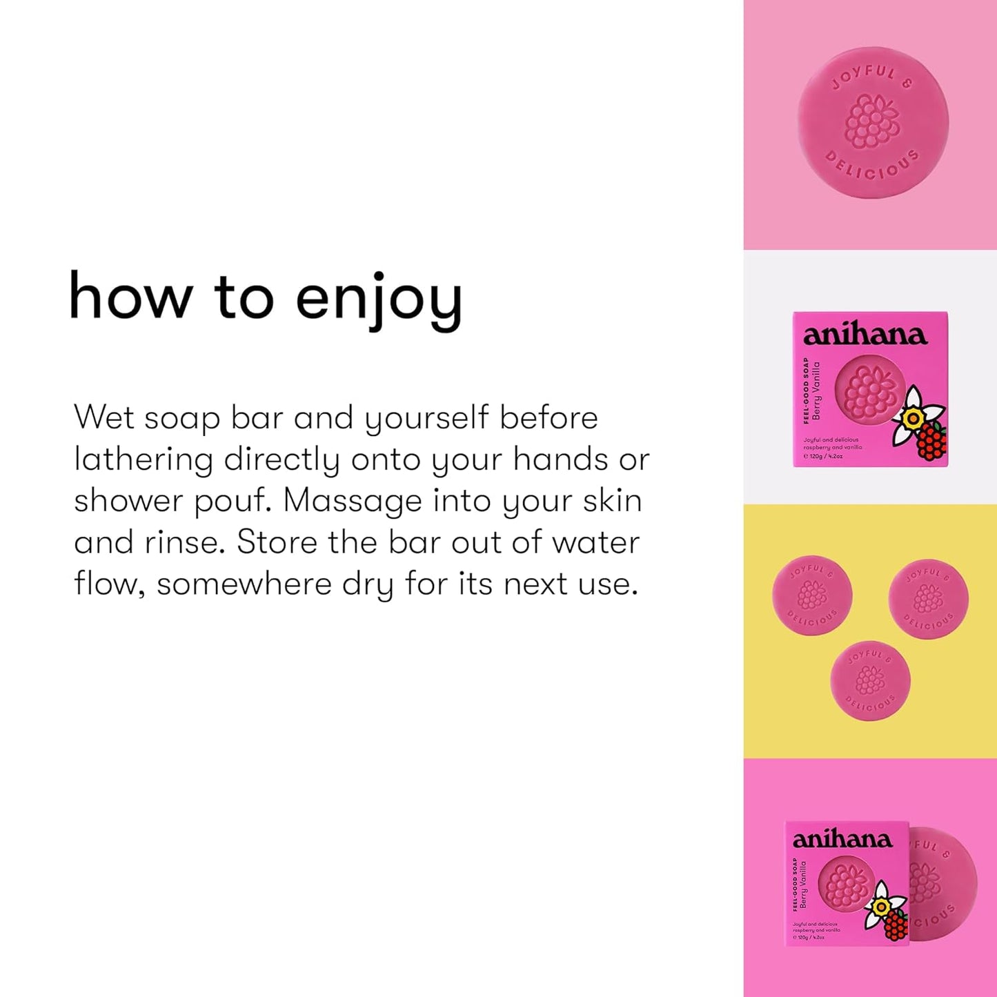 ANIHANA Feel-Good Soap 3 Pack with Coconut Oil and Shea Butter, Gentle Cleansing, Paraben Free, Cruelty Free, Refreshing Berry Vanilla Scent, 4.2 oz each