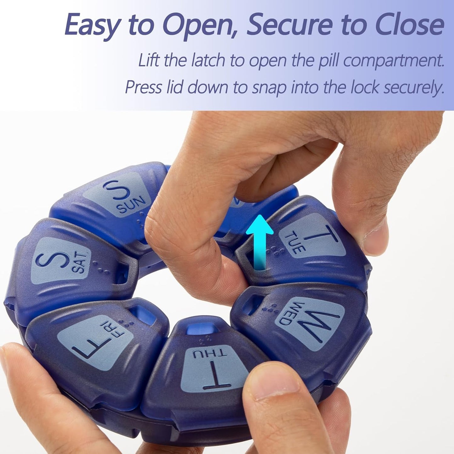 Round Weekly Pill Organizer, TPU Rubberized, Travel Pill Container 7 Day, with 7 Large Compartments, Great for Daily Vitamins & Supplements, Cute Pill Case with Large Letters and Braille (Blue)