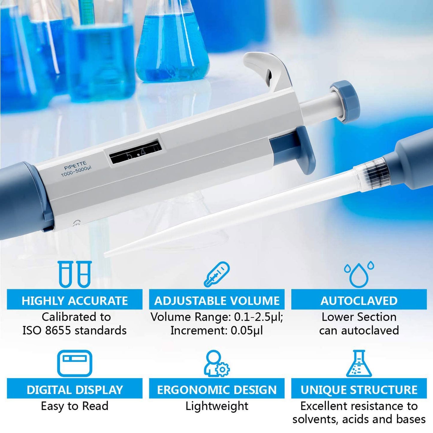 Pipettor Adjustable 1000-5000ul Single-Channel Variable Volume Micropipette High Accurate for Laboratory