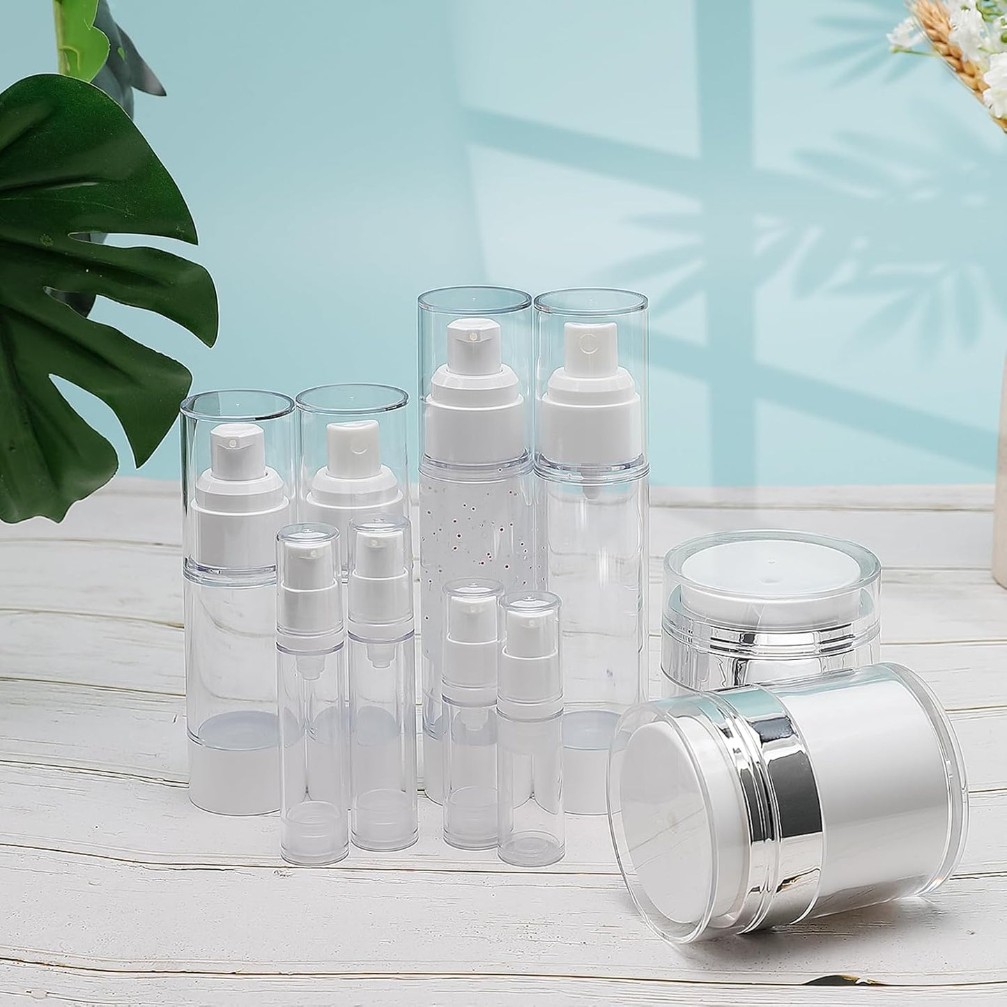 34 Pack Airless Pump Jars Set, 1.7/1/0.7/0.34oz Refillable Travel Size Containers, Leak-Proof Toiletry Bottles for Skincare and Creams, Lotion, Eye Cream, Liquid, Foundation, Shampoo
