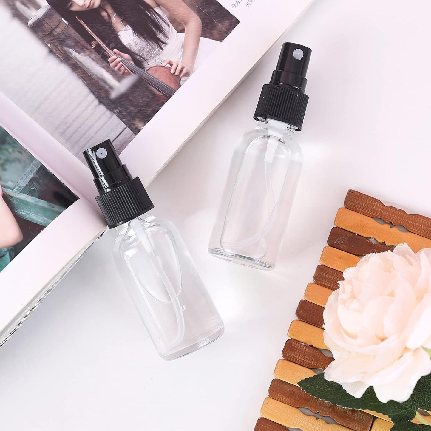 2oz Glass Spray Bottle, Fine Mist Boston Glass Bottles with Black Fine Mist Sprayer Small Clear Bottles for Essential Oils, Bath, Beauty, Hair & Cleaning, Clear, Pack of 48