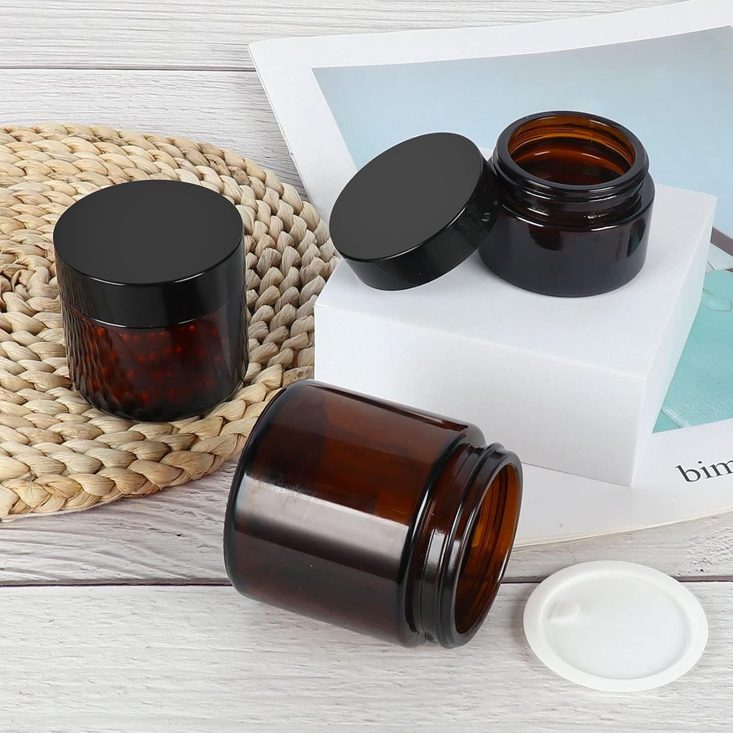 15 Pack 1 oz Empty Amber Glass Jars, 30ml Round Refillable Cosmetic Container Storage Jars with Inner Liners and Black Lids,Perfect Travel Jars for Cosmetics,Face Cream Lotion and More Beauty Products