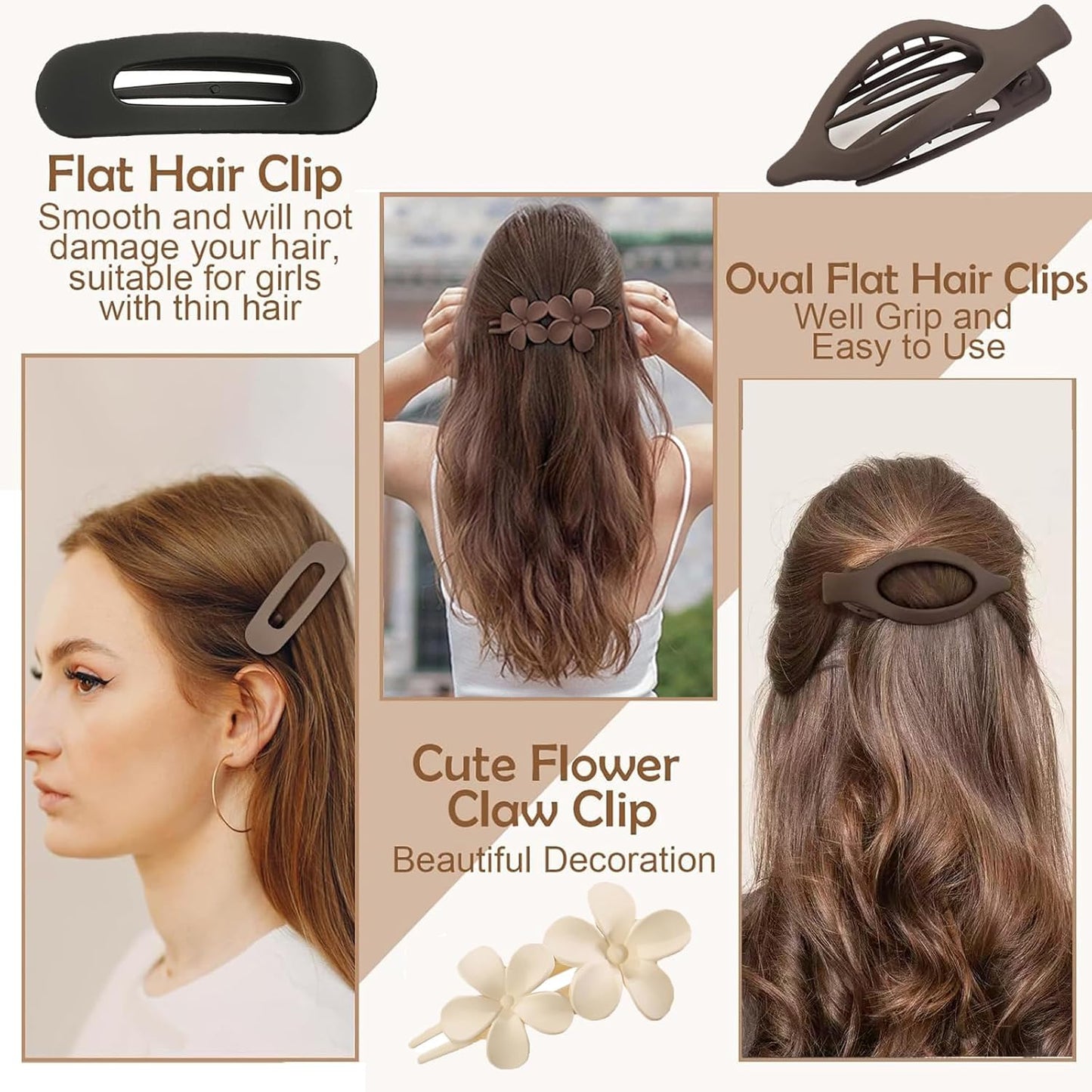 8 PCS Flat Hair Clips, 3 Styles Large Flat Claw Clips for Women, French Strong Hold Non-slip Duckbill Hair Claws for Thin Thick Hair(Matte)