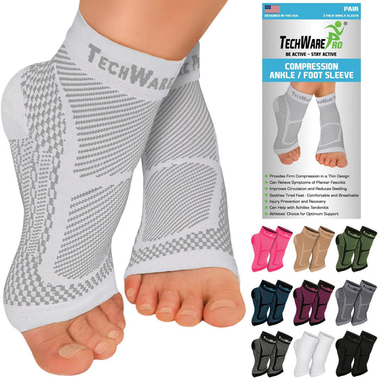 TechWare Pro Ankle Brace Compression Sleeve - Plantar Fasciitis Sock. Relieves Achilles Tendonitis. Foot Arch Support Reduces Joint Pain, Swelling & Heel Spur Pain. Injury Recovery Braces for Sports