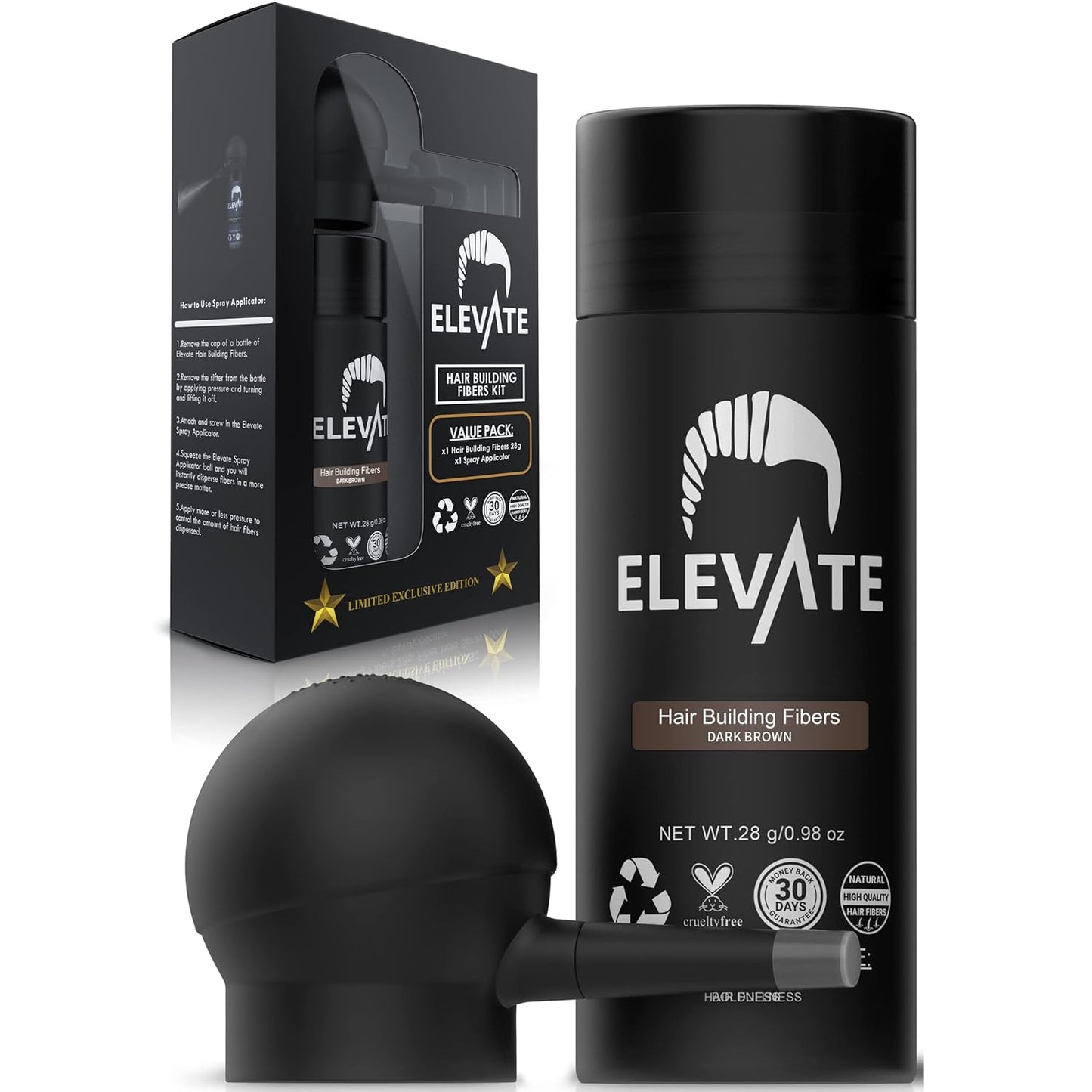ELEVATE Hair Perfecting 2-in-1 Kit | Set Includes Natural Hair Thickening Fibers & Spray Applicator Pump Nozzle | Instantly Conceal & Thicken Thinning Balding Areas in Seconds Men & Women (Dark Brown)