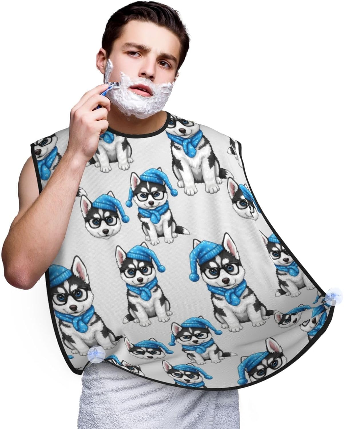 Men's Shaving Accessory Siberian Husky Puppy Dog, Waterproof Beard Apron with Hair Catcher & Suction Cups