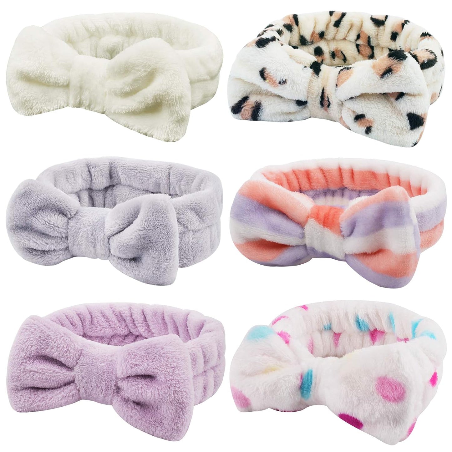 6 Pcs Spa Facial Headbands Set - Soft Fleece Headbands for Makeup, Face Washing, Skin Care, Yoga, and Shower with Bow Hair Band