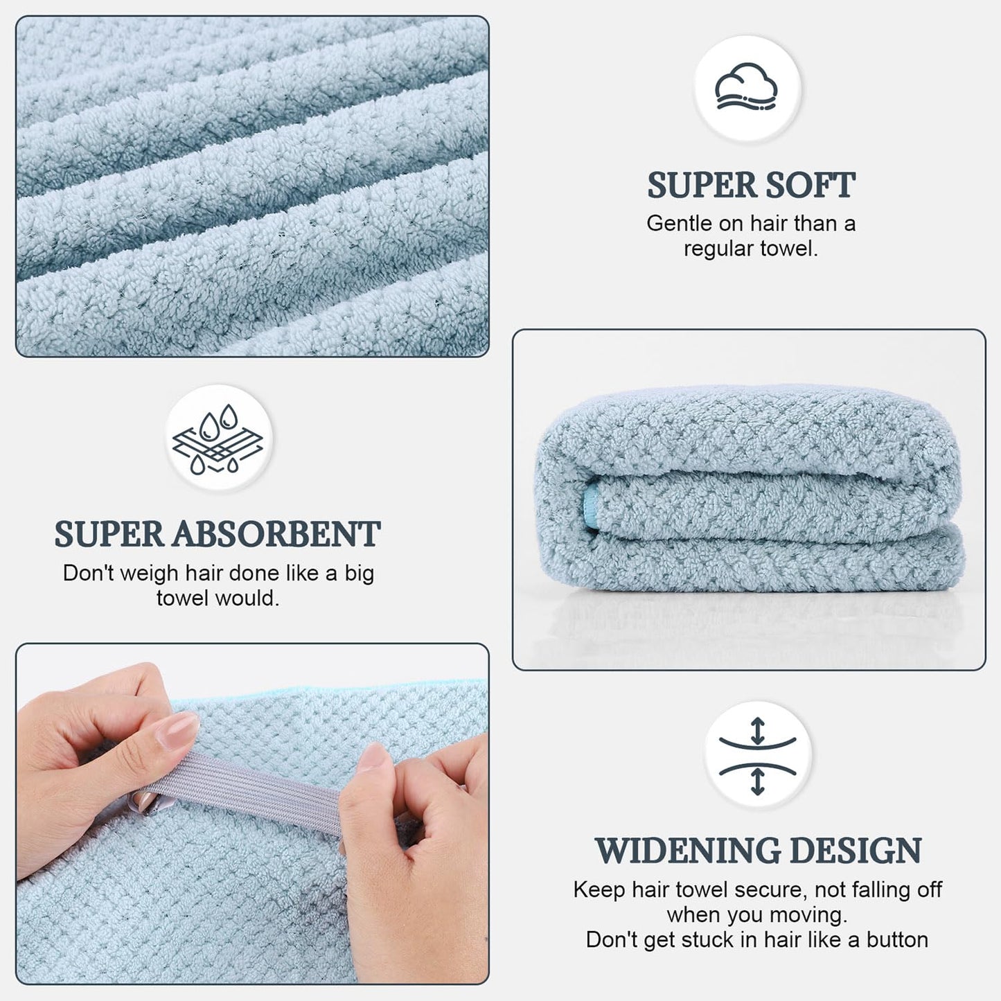 BEoffer 2 Pack Microfiber Hair Towel - 41 x 24 inches Super Soft, Absorbent, Fast Drying Without Frizz Hair Towel Wrap for Women Long, Thick, Curly Hair - Hair Turbans with Elastic Strap