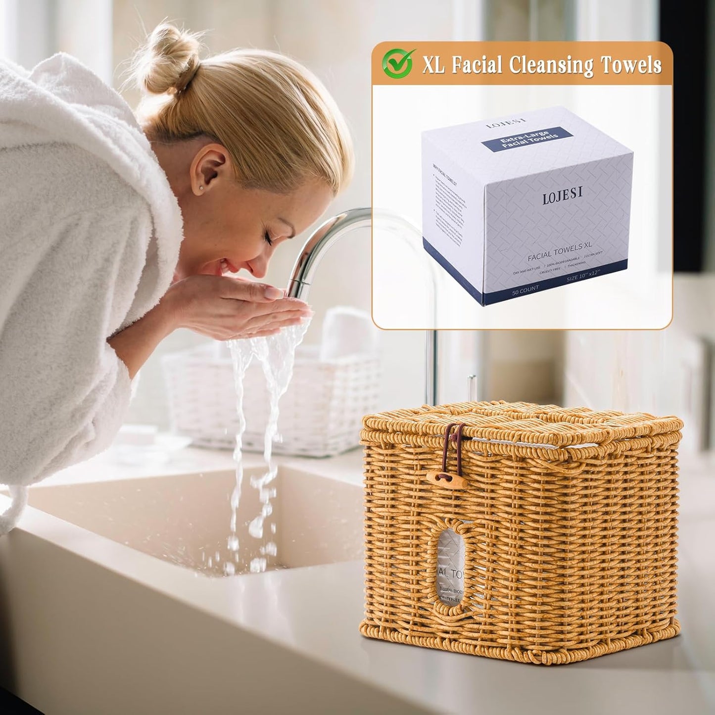 Facial Clean Skin Club Face Towels Holder for Bathroom, Plastic Rattan Disposable Face Towel Holder, Farmhouse Style for XL Face Towels Box Basket with Lid, Brown