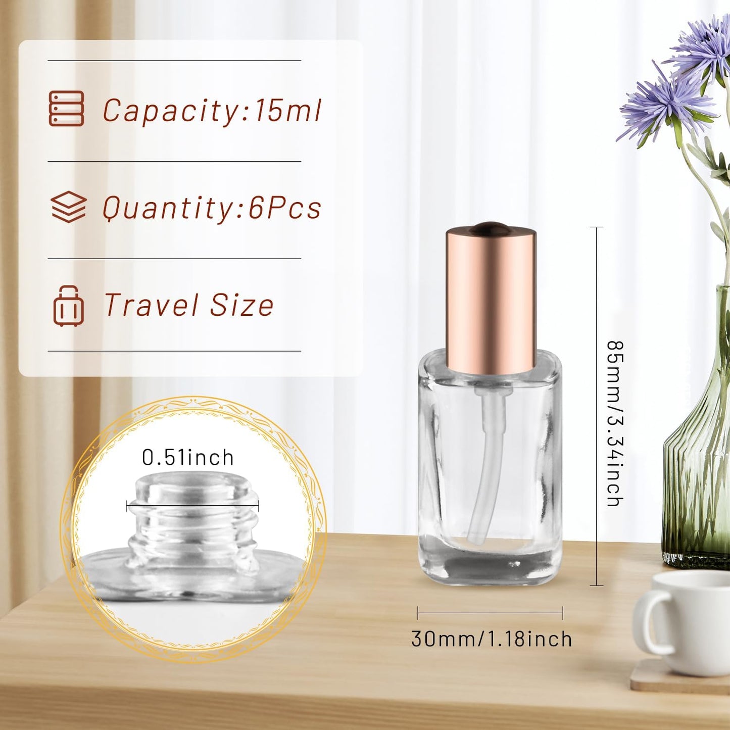 6Pcs 15ml/0.5oz Small Clear Pump Bottle with Gold Lid Glass Lotion Jars Travel Size Liquid Foundation Dispenser Refillable Cosmetic Containers for Cream,Shampoo,Conditioner