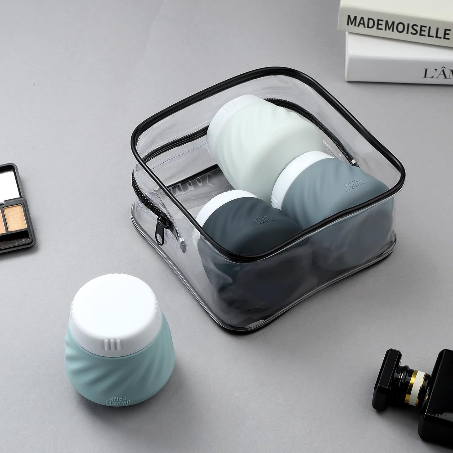 Gemice 4 OZ Travel Size Containers for Toiletries, 4-Pack Leak-Proof Silicone Slime Jars with Lids, BPA Free Small Round Cosmetic Slime Container for Lotion, Cream, Ointments, Travel Essentials