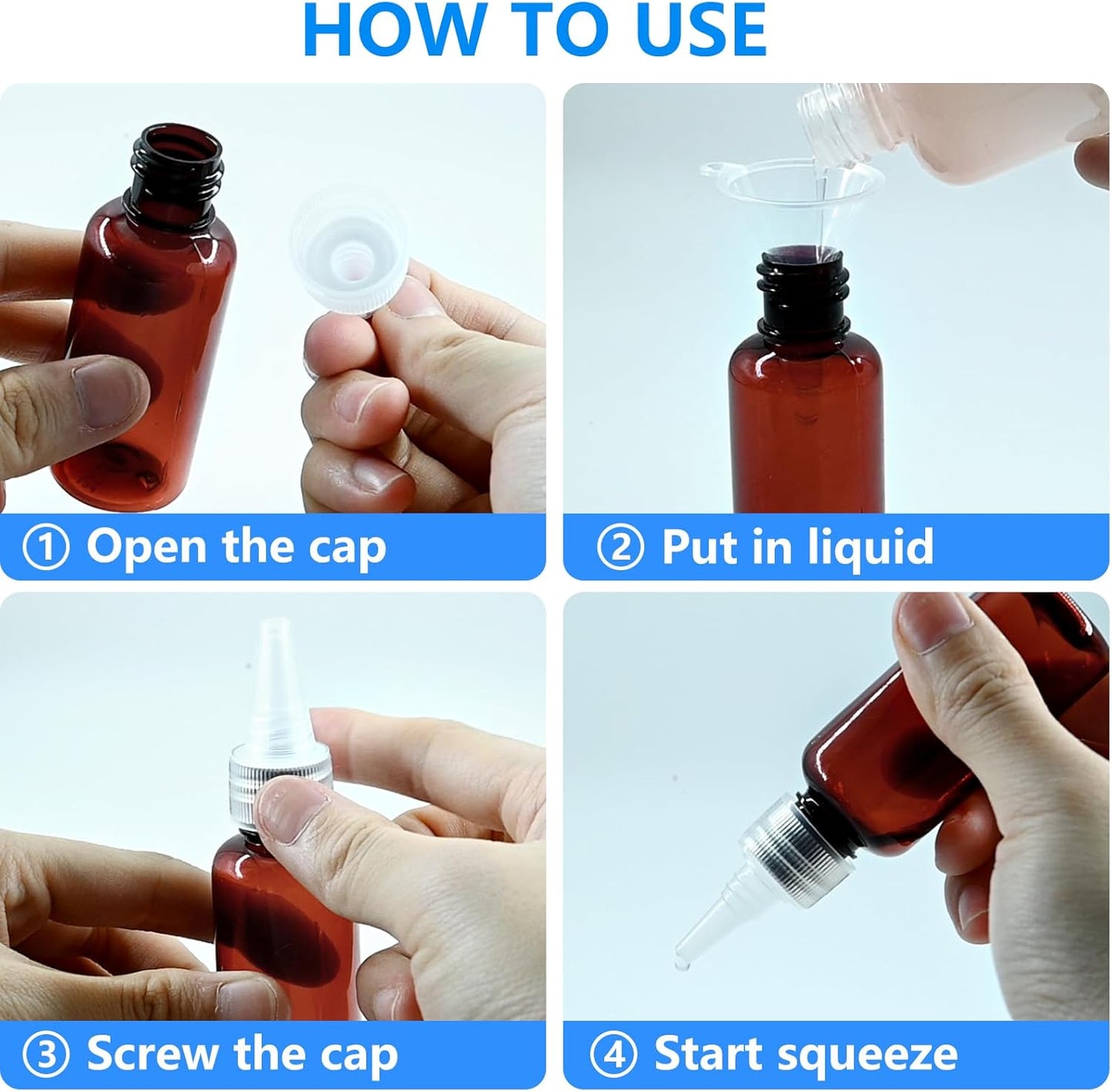 4 Pack 1 Oz (30ml) Amber Plastic Essential Oil Bottles with Funnel, Labels for Liquid Storage - No Droppers Needed