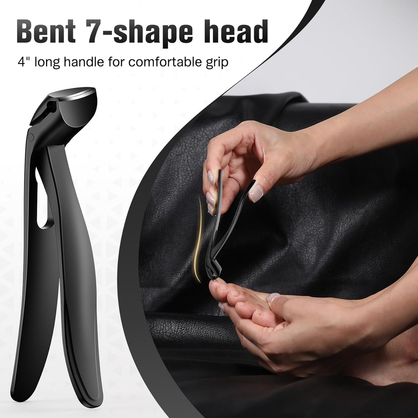 FERYES Angled Head Long Handled Toenail Clipper for Seniors - Large Wide Jaw Nail Clipper with Catcher for Thick Nails - Easier Trimming, Ergonomic Design (Black