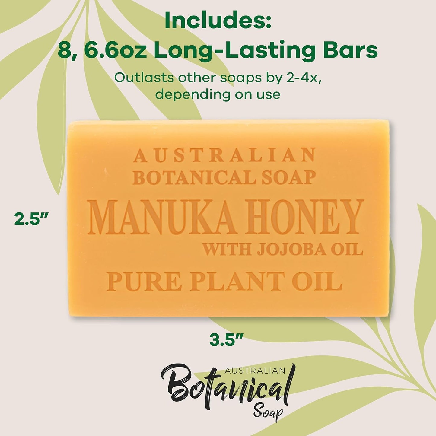 Australian Botanical Soap, 6.6 OZ, Manuka Honey and Jojoba Oil, Triple Milled Bars made with a Natural Soap Base and Enriched with Organic Shea Butter, Pack of 8