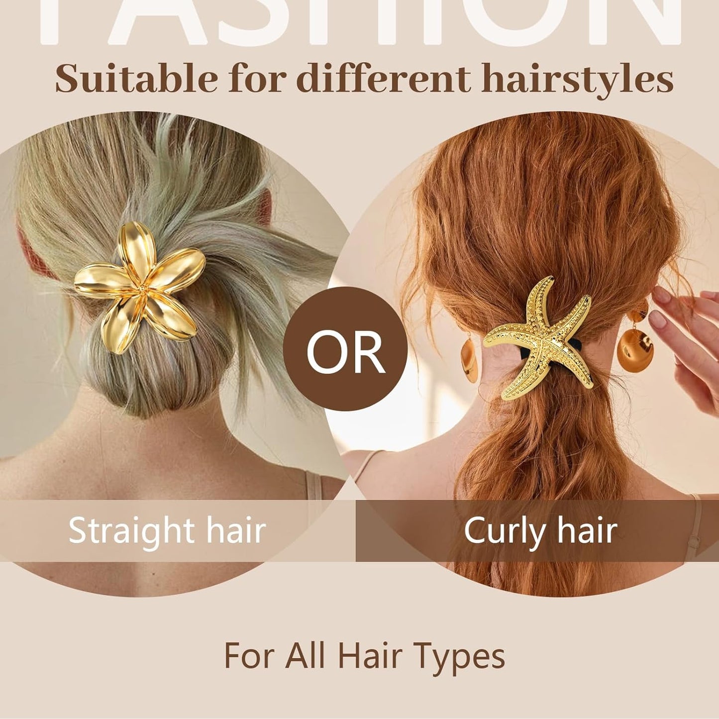 3PCS Gold Hair Ties, Metal Hair Ties for Thick Hair, Elegant Durable Geometric Design, Gold Hair Accessories Stretchy and Non-Damage Ponytail Holders, Ocean Pattern 3 Style Starfish Shell Flower