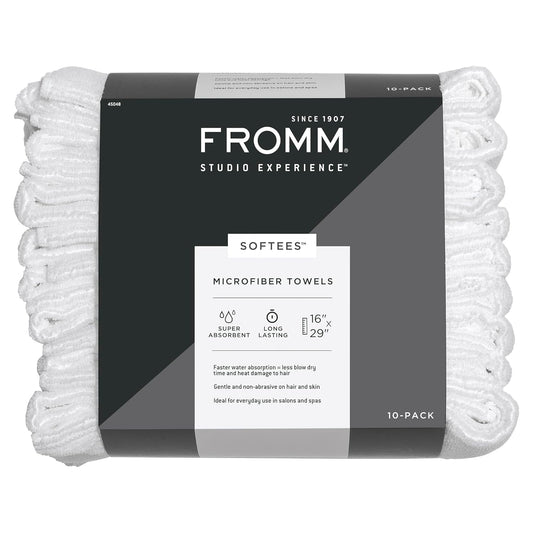 Fromm Softees Microfiber Salon Hair Towels for Hairstylists, Barbers, Spa, Gym in White, 16" by 29", 10 count Perfect Hair Care Towel for Drying Curly, Long, Wavy Hair