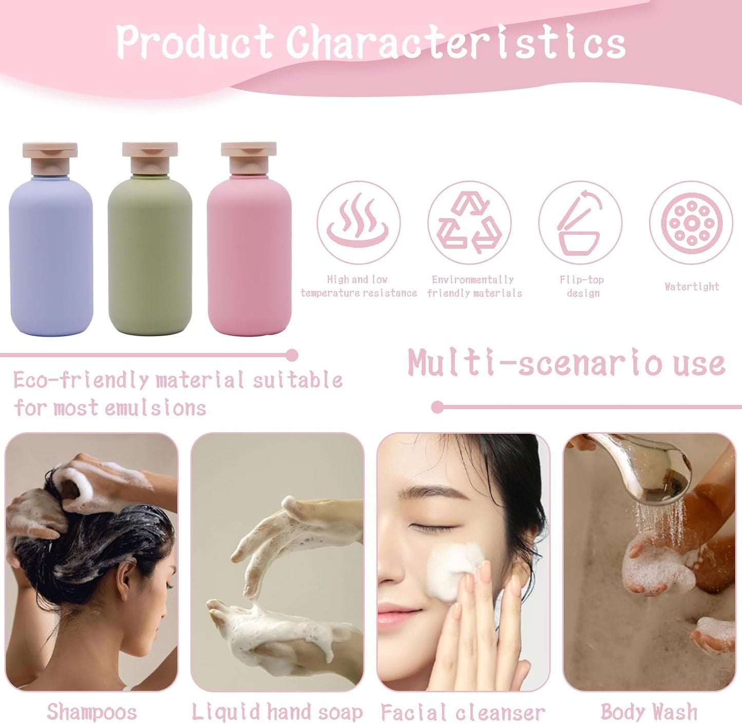 6-Pack Leakproof Travel Bottles - 6.8 oz Squeeze Shampoo & Lotion Containers with Locking Flip Caps, Food Grade HDPE/PP, for Toiletries, Gym, Camping (Green, Blue, Pink)