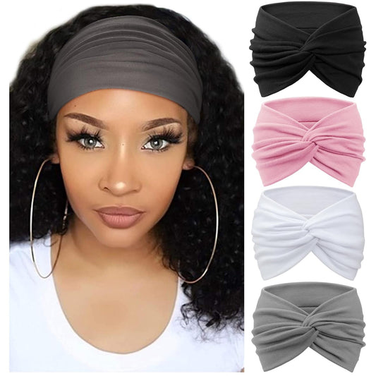 DRESHOW 4 Pack Turban Headbands for Women Wide Vintage Head Wraps Knotted Cute Hair Band Accessories