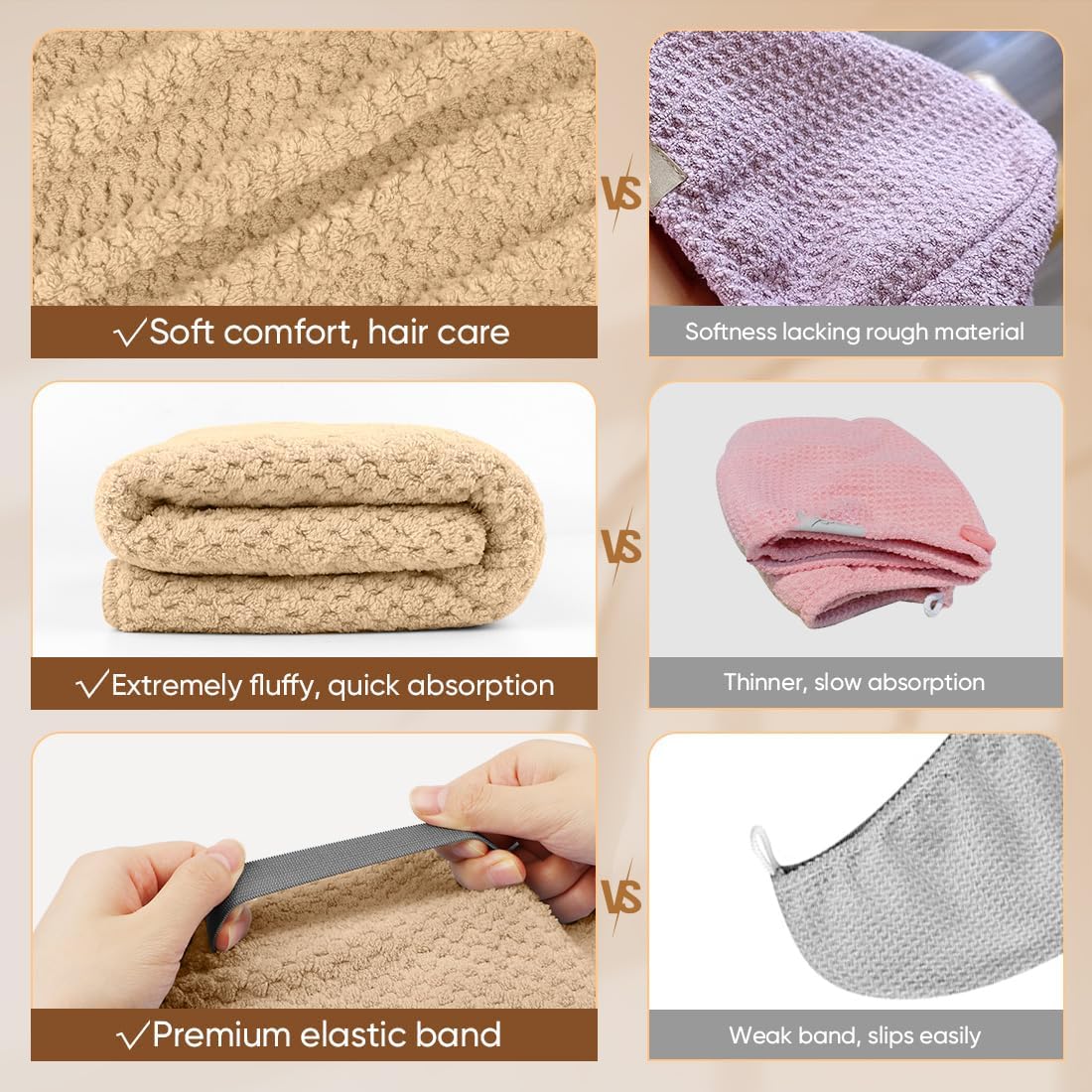 HOMEXCEL 5 Pack Microfiber Hair Towels - 40 x 20 inches Super Soft, Fast Drying Turbans for Long, Thick, Curly Hair - Anti Frizz Wrap with Elastic Strap, Brown/Grey