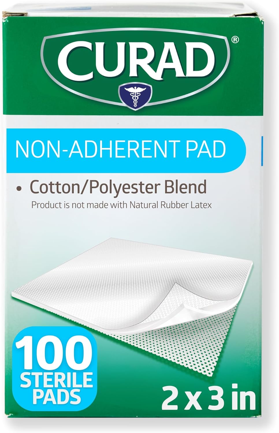 Curad Sterile Nonadherent Pad, Soft, Perforated, Absorbent, Cotton/Polyester, 2" x 3", Sterile, 100 pads
