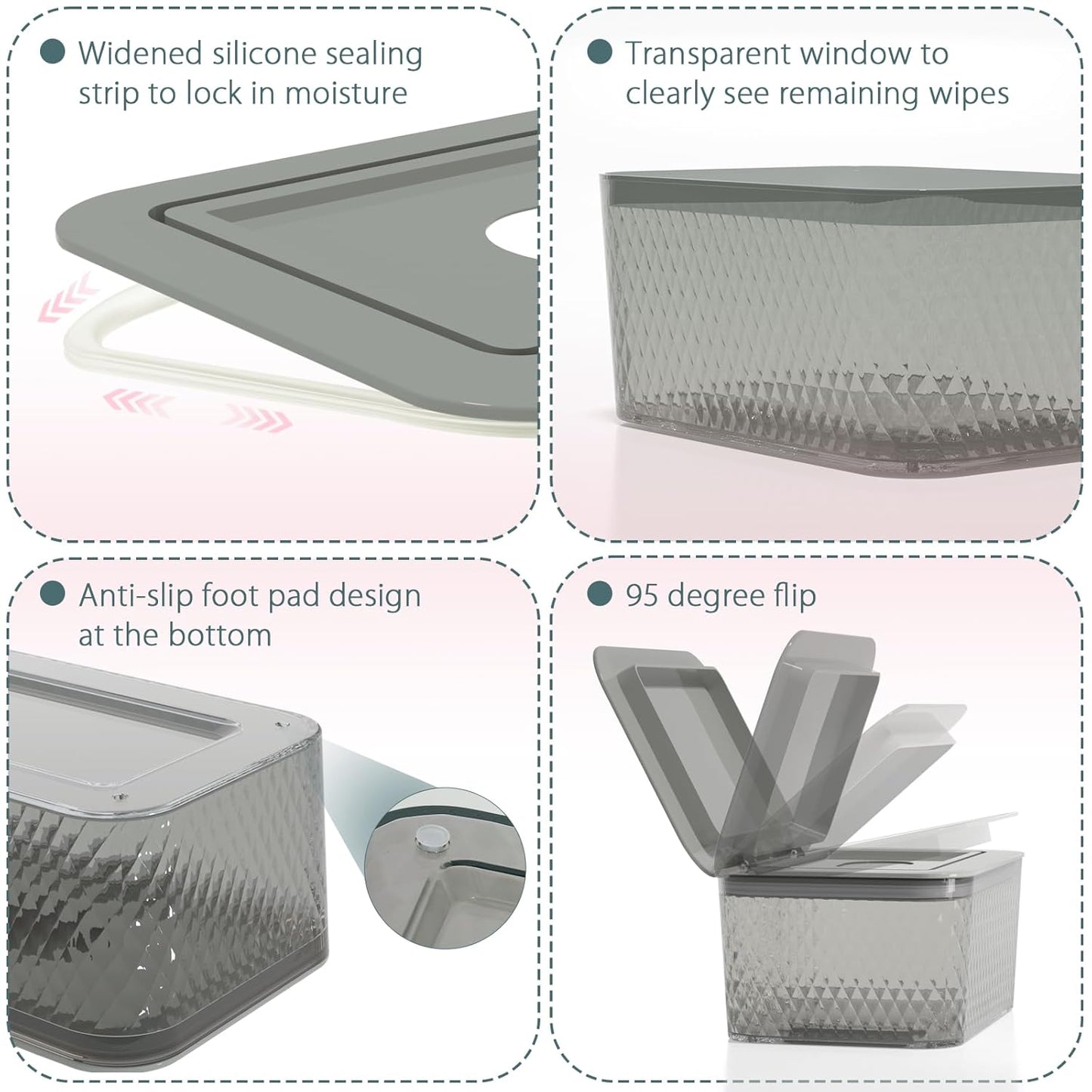 Wipes Dispenser, One-Handed Operation Wipe Holder for Baby & Adult, Seal-Designed Wipes Container for Bathroom Keep Diaper Wipes Fresh (Grey)