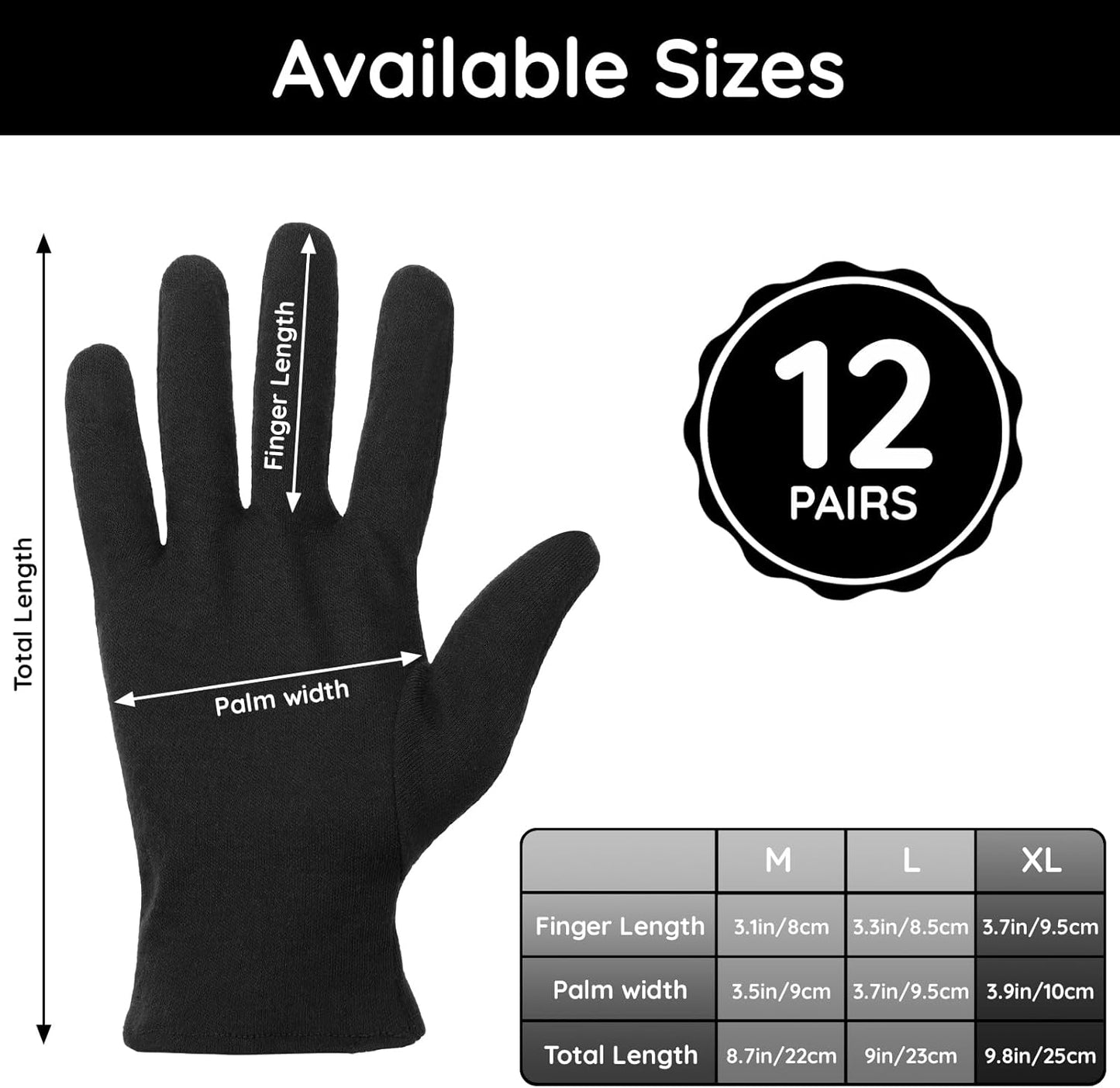 Segbeauty 24 Counts Black Moisturizing Hand Gloves for Men, 12 Pairs Cotton Gloves for Dry Hands Overnight, Sleeping Spa Moisture Glove, Soft Lotion Sleep Glove for Handling Coin Jewelry Extra Large