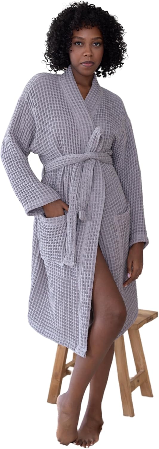 Womens Kimono Waffle Robe - Lightweight 100% Turkish Cotton Housecoat for All-Day Lounging - Bathrobe for Shower