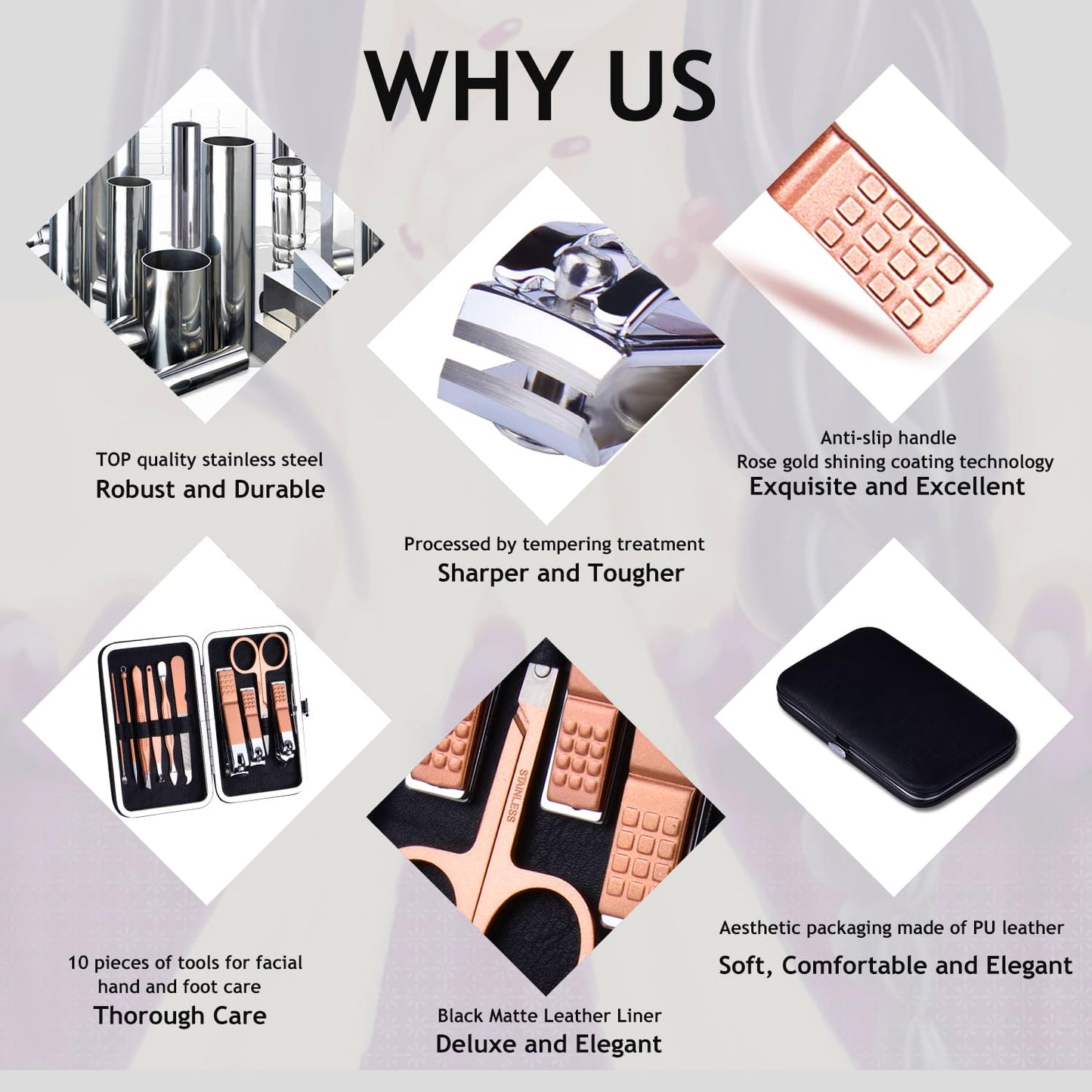 Manicure Set 10 in 1 Stainless Steel, Nail Clippers Scissors Pedicure Tools Kit - Portable Travel Grooming Kit for Men and Women with Leather Case (Rose gold)