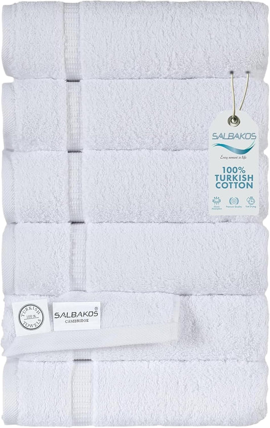 SALBAKOS 100% Turkish Cotton Hand Towel Set of 6 16x30 inch | Heirloom Quality | Hotel & Spa Collection | Ultra Soft, Super Absorbent, Long Lasting Hand Towels | Made in Turkey (White, 6 Hand Towels)