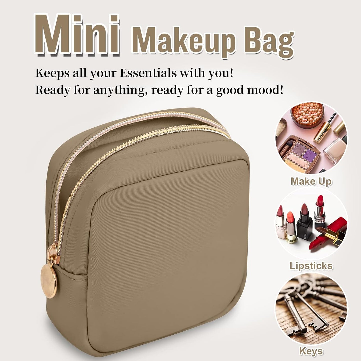 Nylon Mini Makeup Bag for Purse, Preppy Small Cute Makeup Bag Cosmetic Zipper Pouch Purse, Waterproof Travel Coin Pouch Sanitary Napkin Storage Bag Clutch Makeup Organizer Pouch for Women Girls(Khaki)