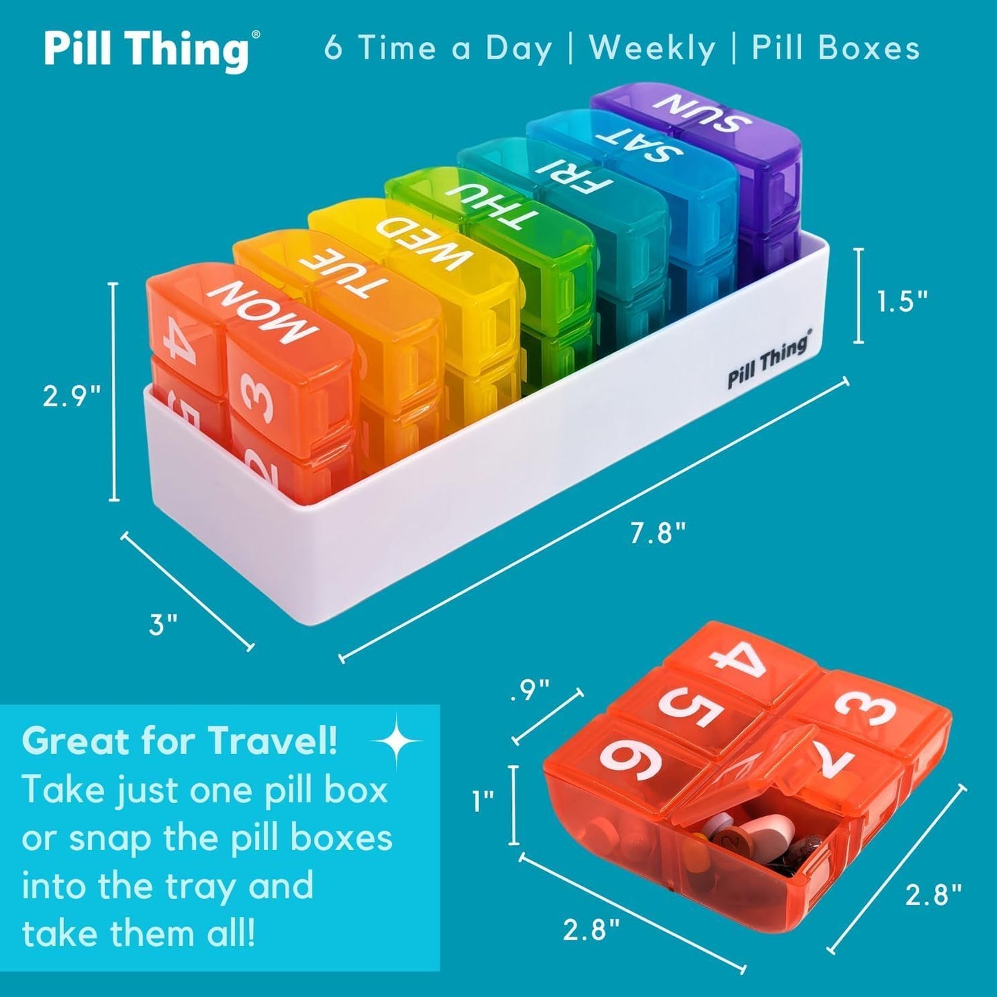 6 Times a Day, 7 Day Large Weekly Pill Organizer with Holder Tray, Vitamin, Medicine Box, Multicolor with Medical Alert Card (6X a Day - 2 Pack)