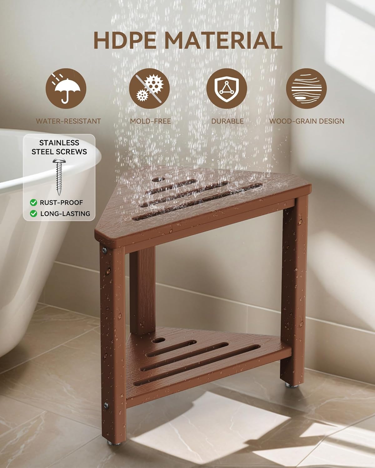 Teak Shower Foot Rest 15in, HDPE Waterproof Shower Stool for Inside Shower, Corner Shower Stool for Shaving Legs with Storage Shelf for Small Space, Shower Step Stool, Plastic Corner Shower Bench