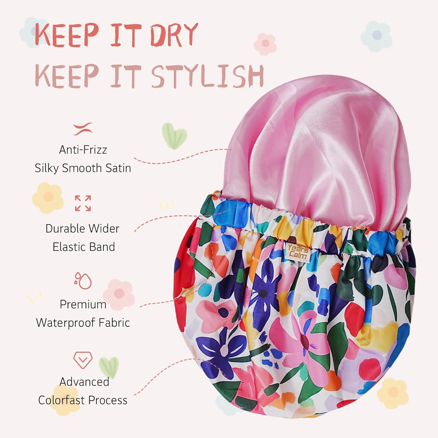 Years Calm Shower Caps for Women Reusable Waterproof, Double-Layer Extra Large Elastic Hair Cap for Shower for Long Hair & Braids, Travel & Home (Blue)