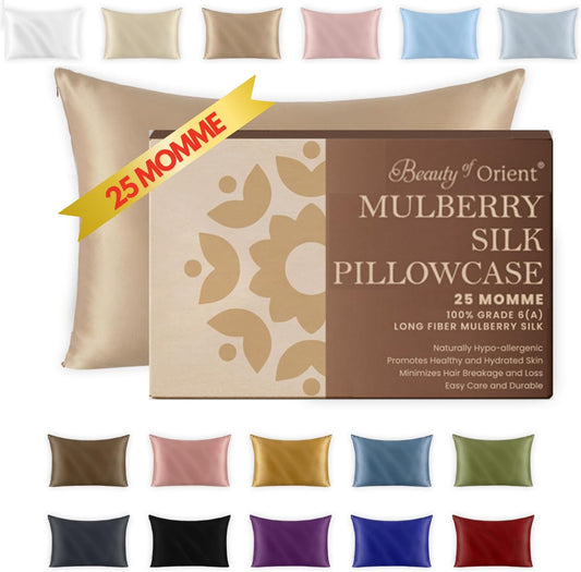 25 Momme Premium Mulberry Silk Pillowcase for Hair and Skin | Handcrafted Hypoallergenic & Anti-Acne Silk Pillow Cases with Zipper | King - 20" x 36", Champagne