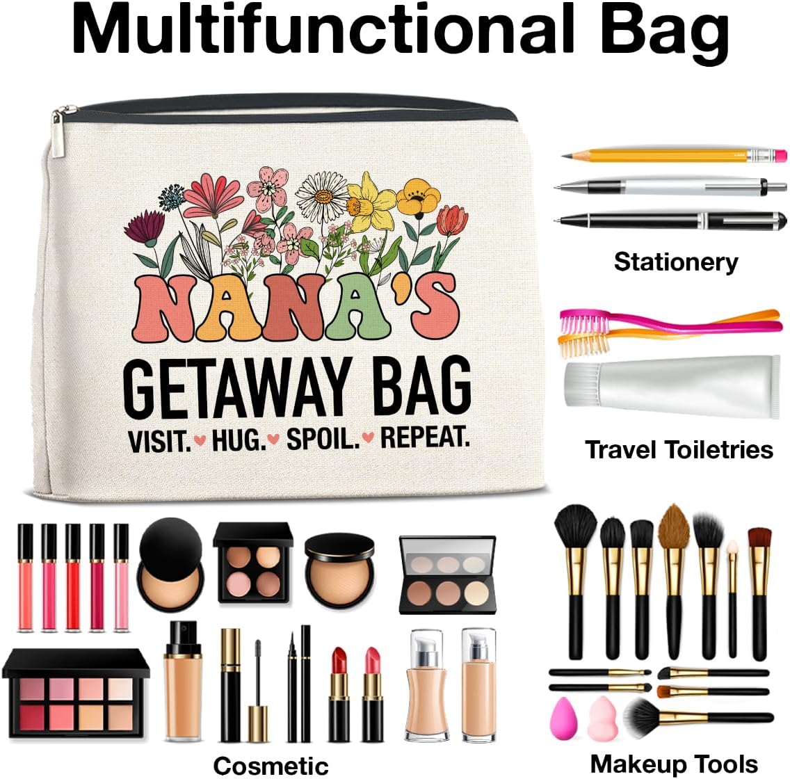 Nana's Getaway Cosmetic Bag Grandma Gifts from Grandkids, Gift for Grandma Grandmother Grammy Nana Makeup Bag Zipper Makeup Pouch
