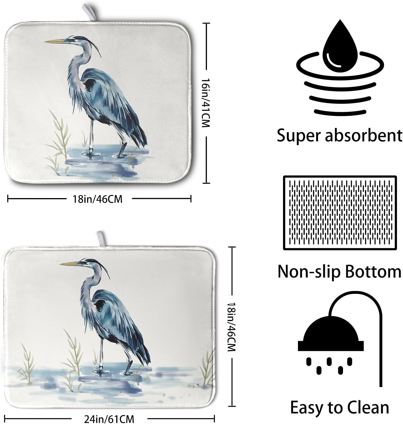 Summer Dish Drying Mat Blue White Heron Beach Absorbent Microfiber Drying Mats for Kitchen Counter Coastal Nautical Birds Dishes Drainer Mat Extra Large 18x24 Inch