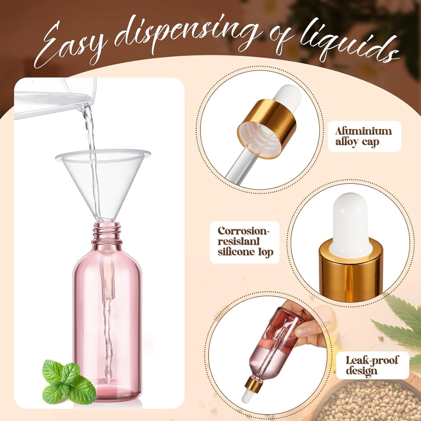 Lallisa 48 Pcs Glass Dropper Bottles with Eye Dropper Dispensers Lab Dropping Bottles with 4 Pcs Long Pipettes 4 Funnel and 80 Label for Travel Cuticle Massage Essential Oils Perfume (Pink,4 oz)