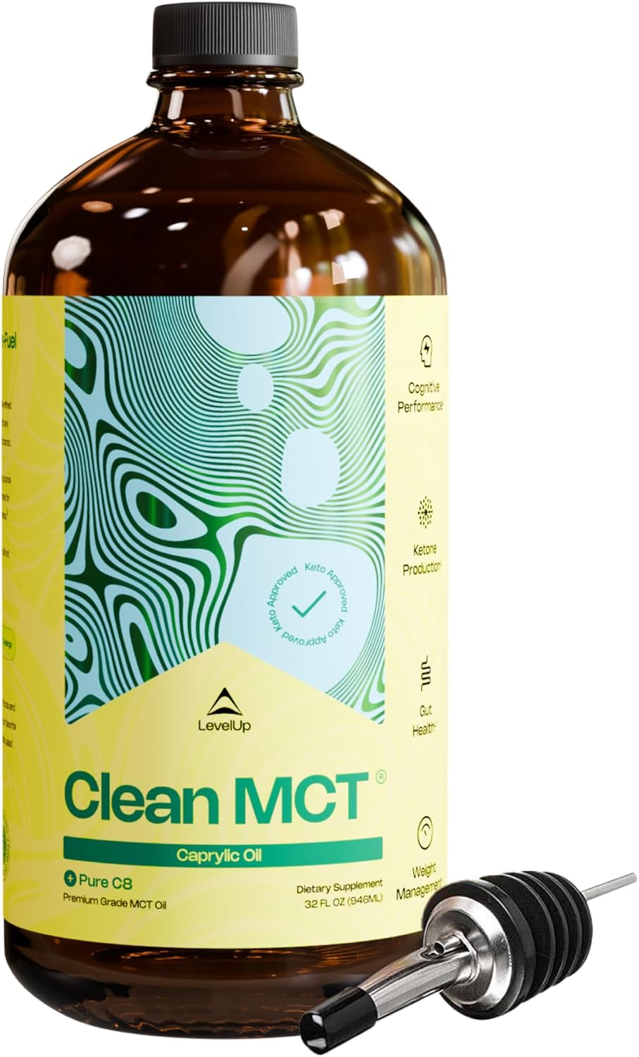 LevelUp Clean MCT Oil - 100% Caprylic C8 for Energy, Focus, Gut Health, Brain Superfuel - Keto Supplement for Ketogenic Coffee and Ketones - Non-GMO (32 oz Glass Bottle)