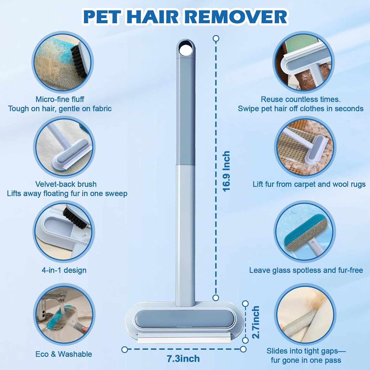 Pet Hair Remover for Couch, Furniture & Car Seats - Reusable Lint Roller for Dog and Cat Hair Removal on Clothes, Carpet, Bedding - Eco Friendly, No Sticky Refills, with Long Handle & Squeegee