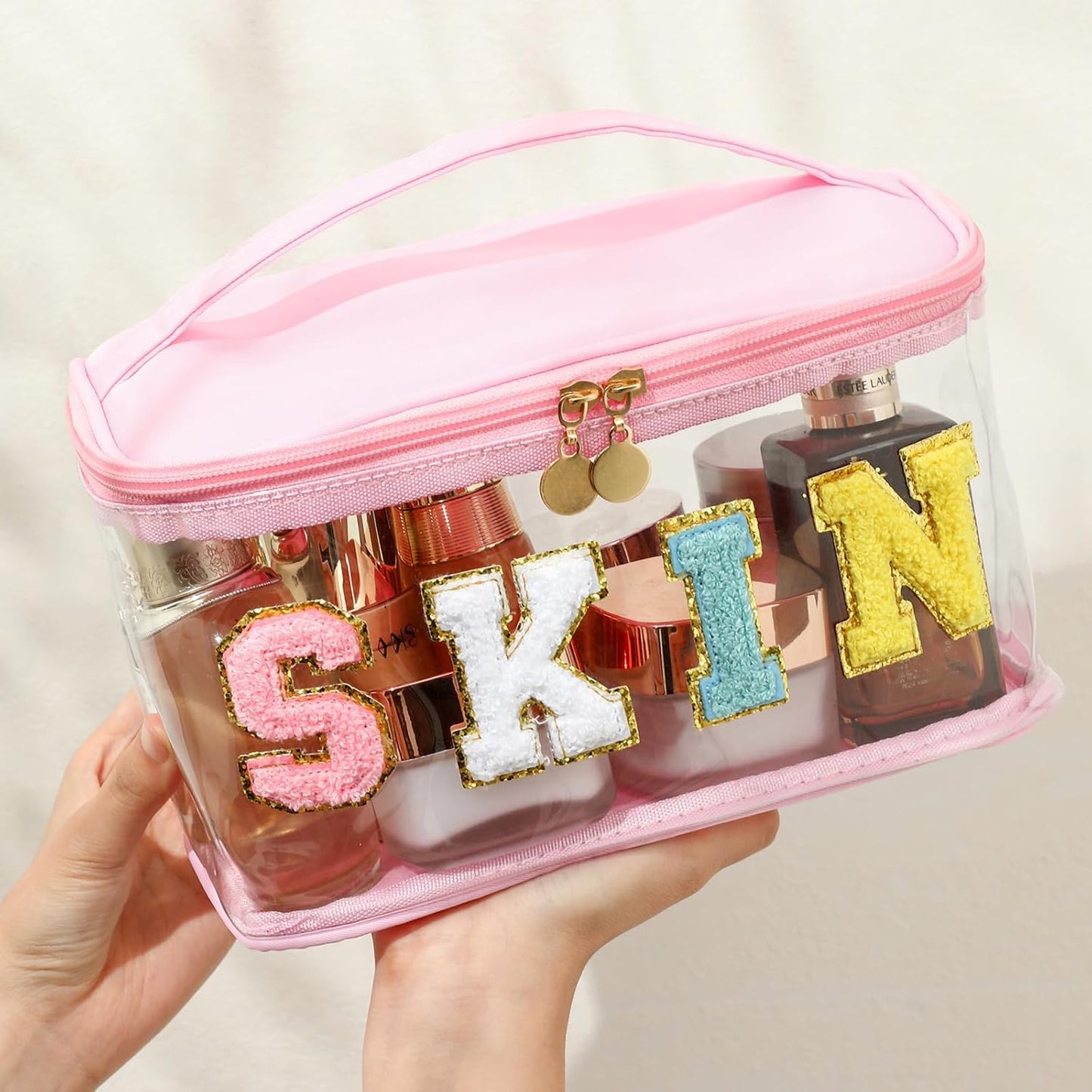 Personalized Chenille Letter Clear Skin Makeup Bag, Large Size Waterproof Nylon Cosmetic Toiletry Storage bag with Top Handle, Transparent Meds Skin Travel Organizer Cosmetic Bag(08Skin-Green)