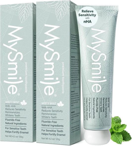 MySmile Fluoride Free Nano Hydroxyapatite Toothpaste for Sensitive Teeth, Strengthens Enamel, Remineralizes & Whitens Teeth, Freshens Breath for Adults, SLS Free, Natural Misty Mint, 4.2 oz, 2 Pack