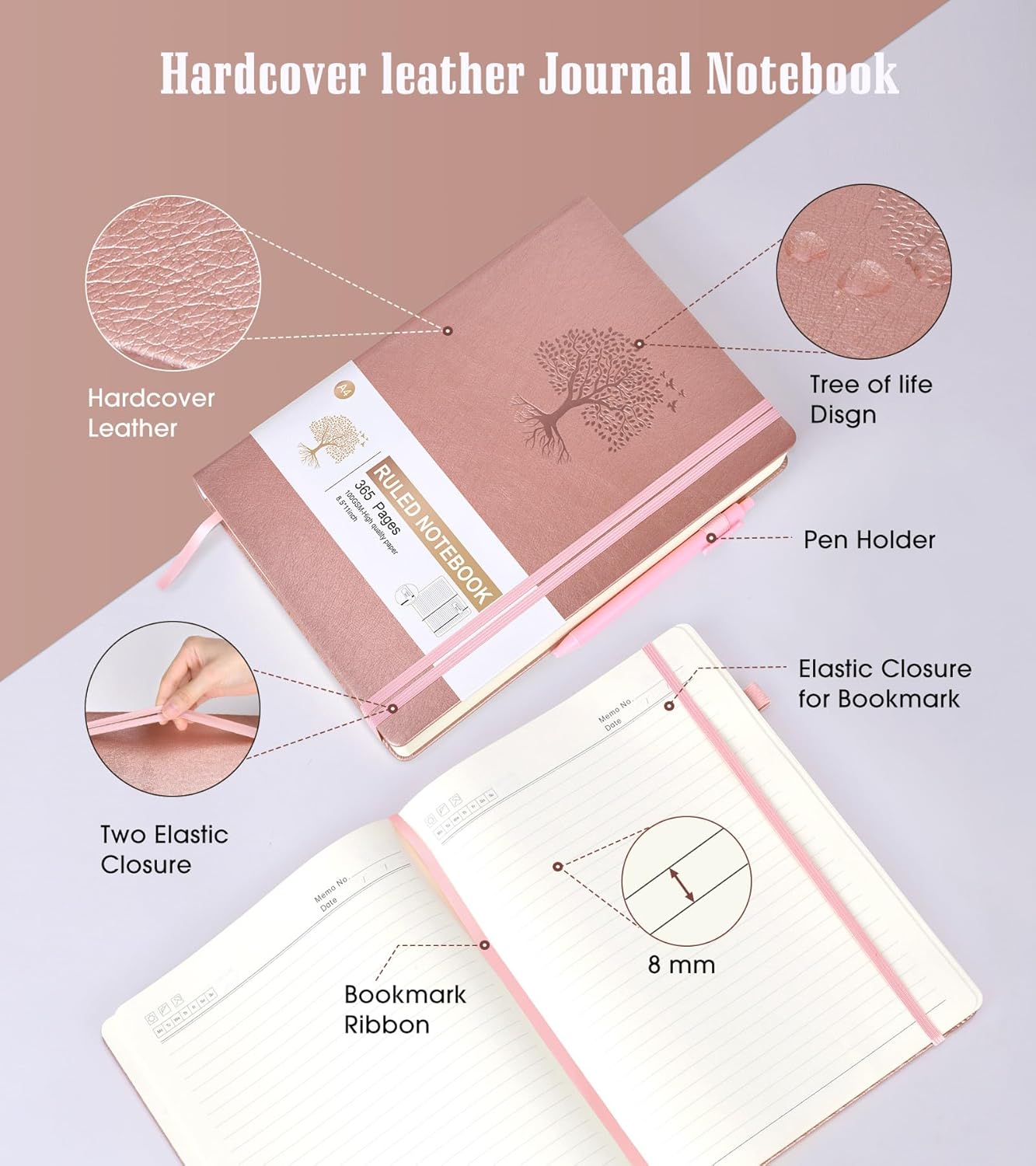 Lined Journal Notebook, 365 Pages A4 Large Journals for Writing Ruled Notebook, Pink Hardcover Leather Journals for Women Men,Notebook for Work, Note Taking, 100Gsm Thick Paper (8.5" x 11" Rose Gold)