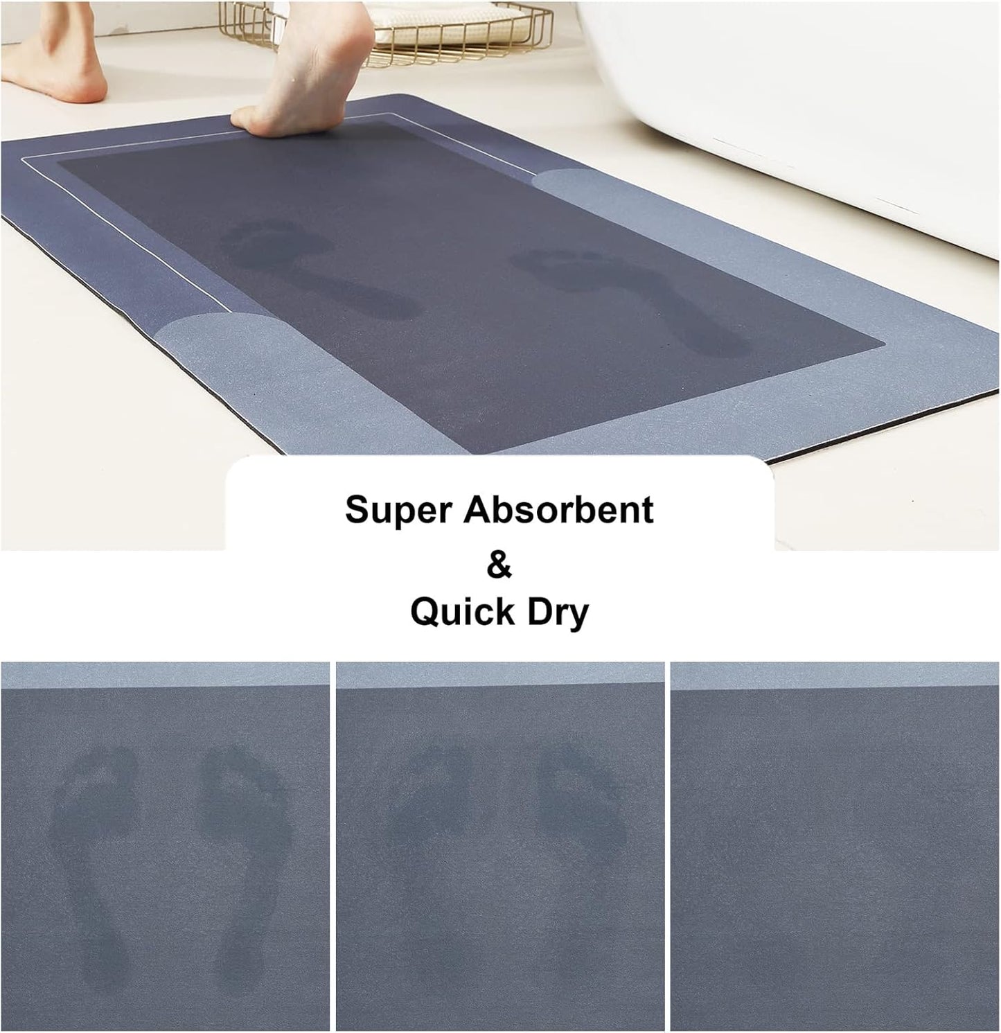 HelloTree 3PCS Bath Mat Rug Rubber Non Slip Quick Dry Rug Sets Super Absorbent Thin Bathroom Rugs Fit Under Door Blue Washable Bathroom Floor Mats for in Front of Bathtub, Shower Room, Sink