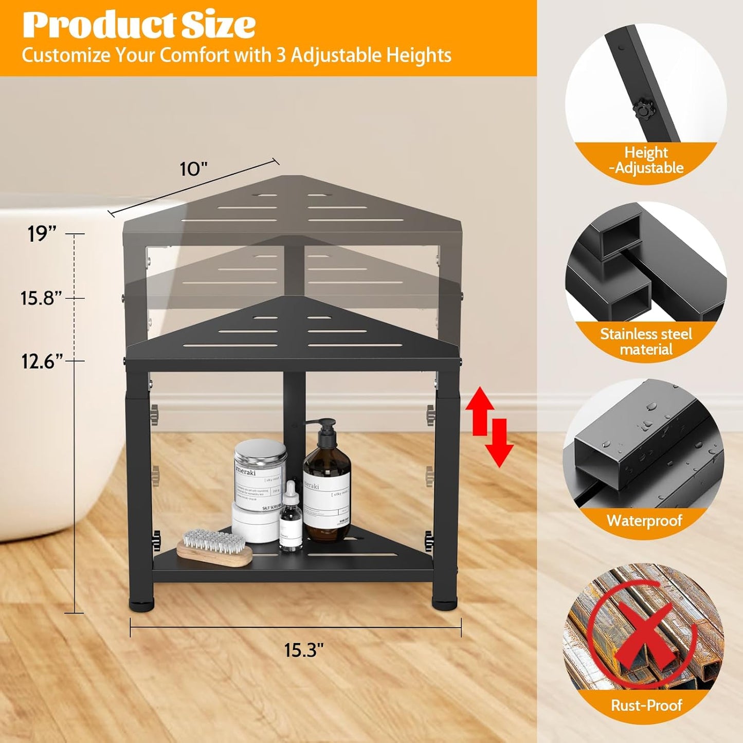 Shower Foot Rest, 12.6"-15.8"-19" Adjustable Heigh Shower Stool for Inside Shower, Stainless Steel Waterproof Shower Stool for Shaving Legs, Corner Bench Caddy with Storage Shelf for Bath Small Space