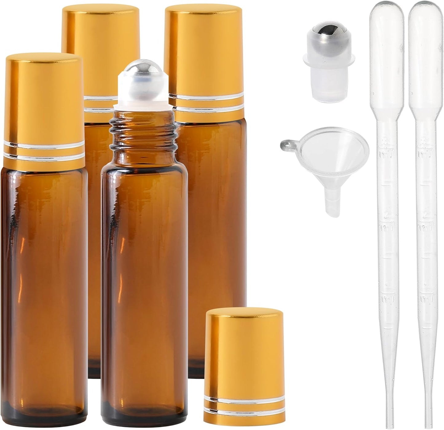 Essential Oil Roller Bottles, 10ml Thick Glass Perfume Roller Bottles with Funnel Opener and Dropper Colored Glass Empty Bottles with Stainless Steel Roller Balls (Brown - golden cover, 4 Pack)