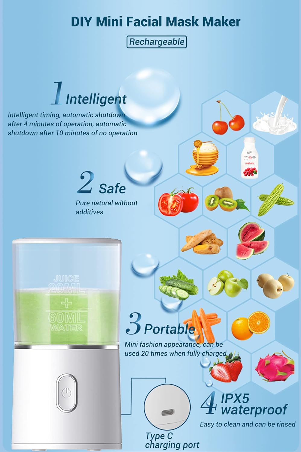 Face Mask Maker Machine, DIY Natural Fruit & Vegetable Mask with 32Pcs Collagen, Automatic Facial Skin Care Machine for SPA Treatments (Rechargeable)