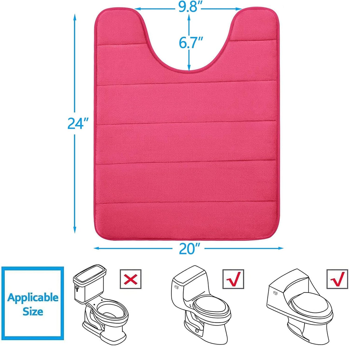Buganda Memory Foam U-Shaped Contour Toilet Rugs, Non Slip Absorbent, Thick Soft Washable Bathroom Mat, Floor Carpet Bath Rugs Mat for Toilet Base (24" x 20", Deep Pink)
